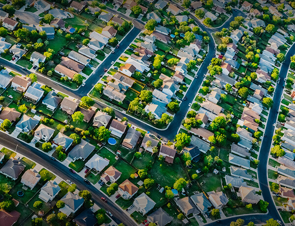 Overhead view of suburban housing development